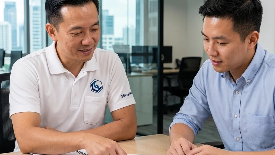 Securevision engineer reviewing security system maintenance agreement with facilities manager at Singapore commercial property
