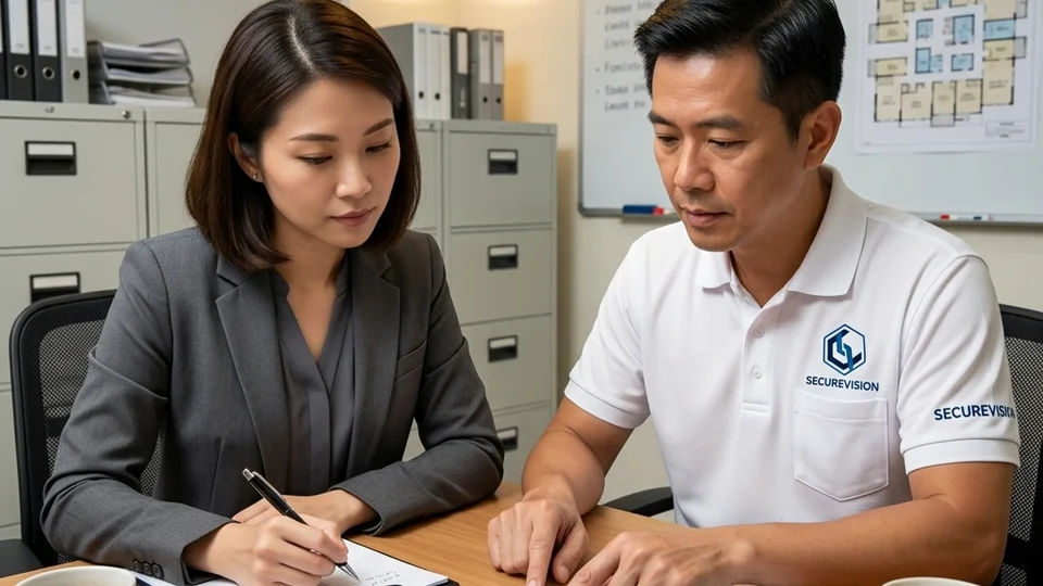 Managing agent reviewing estate security system status with Securevision engineer at Singapore condominium management office