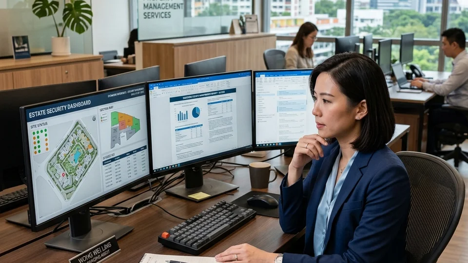 Managing agent reviewing estate security dashboards across multiple Singapore condominiums on screen