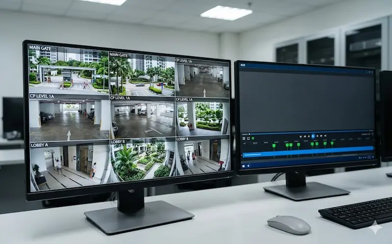 CCTV monitors at Singapore condominium security control room showing estate entrance camera feeds
