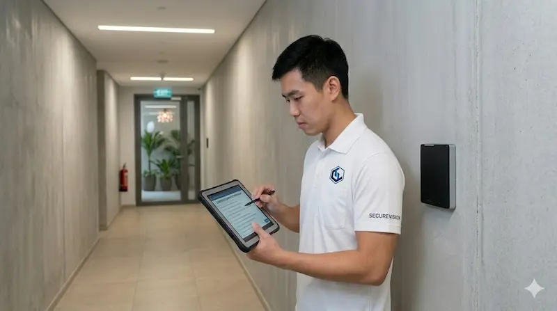 Securevision engineer conducting scheduled maintenance inspection at Singapore condominium access control panel