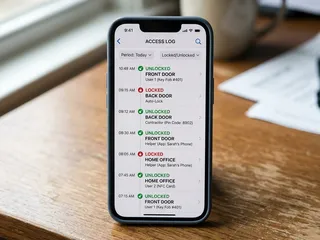 Digital lock management app showing access audit trail with timestamps and credential entries; visibility that a mechanical lock can never provide