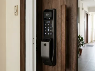 Modern digital door lock installed on a Singapore residential property door; fingerprint and PIN access replacing the mechanical key