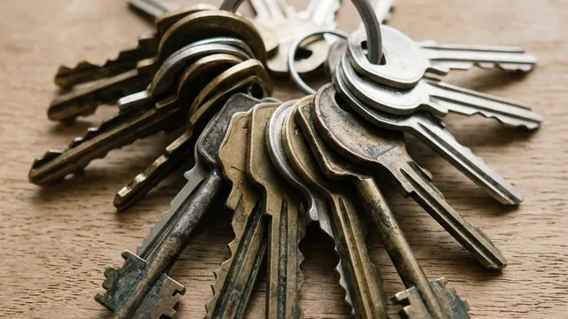 Collection of physical keys on a key ring; the uncontrolled distribution of keys is the primary weakness of mechanical locks