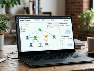 Network management dashboard on a laptop screen showing device status, port activity and bandwidth usage; remote diagnostics for a security system network