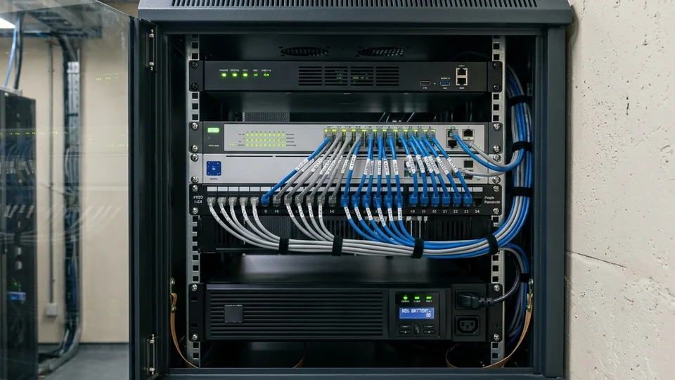 Rack-mounted NVR and network equipment installed in locked wall cabinet at Singapore commercial property