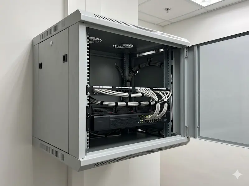 NVR installed in locked wall-mounted rack cabinet at Singapore commercial building server room