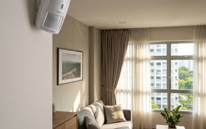 Dual-technology PIR motion detector mounted in Singapore home interior showing correct positioning away from windows