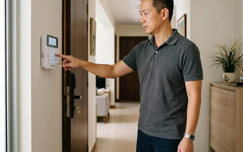Singapore homeowner entering disarm code on wall-mounted alarm keypad in home entrance