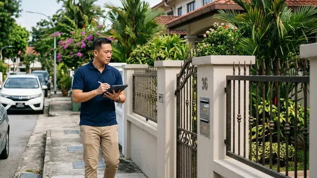 Security professional conducting a site assessment walk-around at a Singapore landed property; examining entry points and identifying vulnerabilities