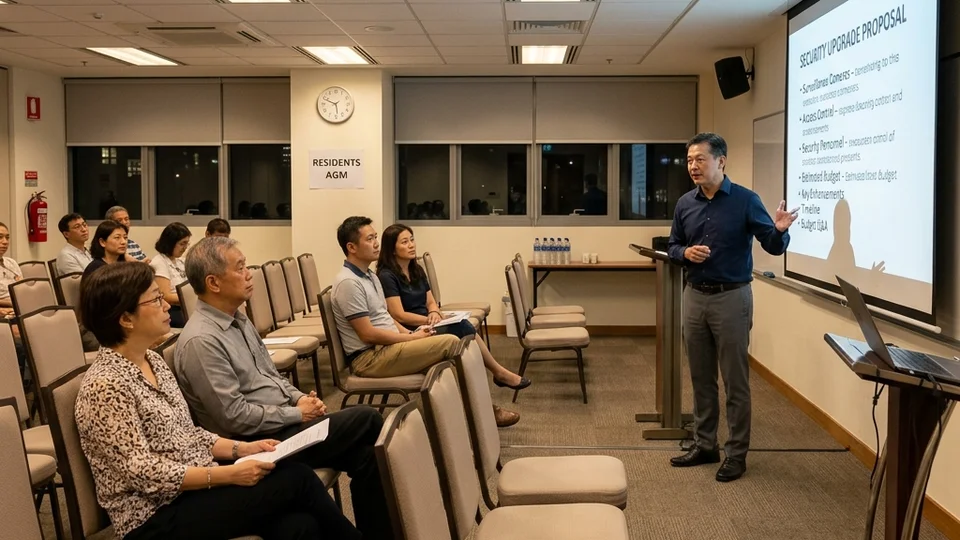 MCST committee member presenting security upgrade proposal at Singapore condominium AGM