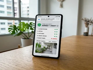 Smartphone displaying a burglar alarm self-monitoring app with zone status and camera access; modern self-monitoring in a Singapore home