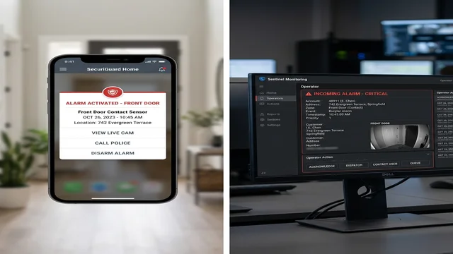 Homeowner checking burglar alarm notification on a smartphone; the central question of self-monitoring versus professional monitoring