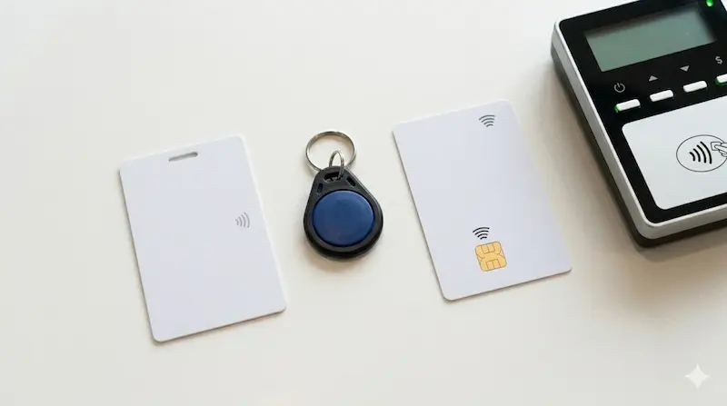 Access control credentials including proximity card and key fob shown beside Singapore office door reader