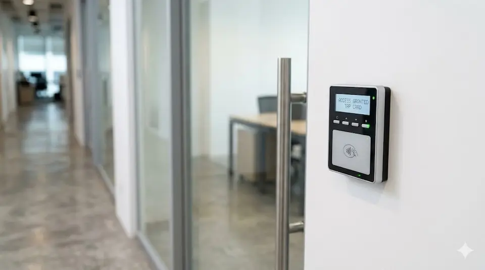 Standalone card access reader with display mounted beside Singapore commercial office door
