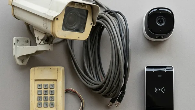 Security system components showing a mix of older and newer equipment; the repair or replace decision depends on what still has value, not just how old the system is