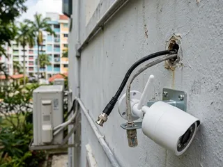 New IP camera being mounted at an existing camera position using existing cable infrastructure; the selective upgrade approach that retains sound cabling while replacing outdated devices