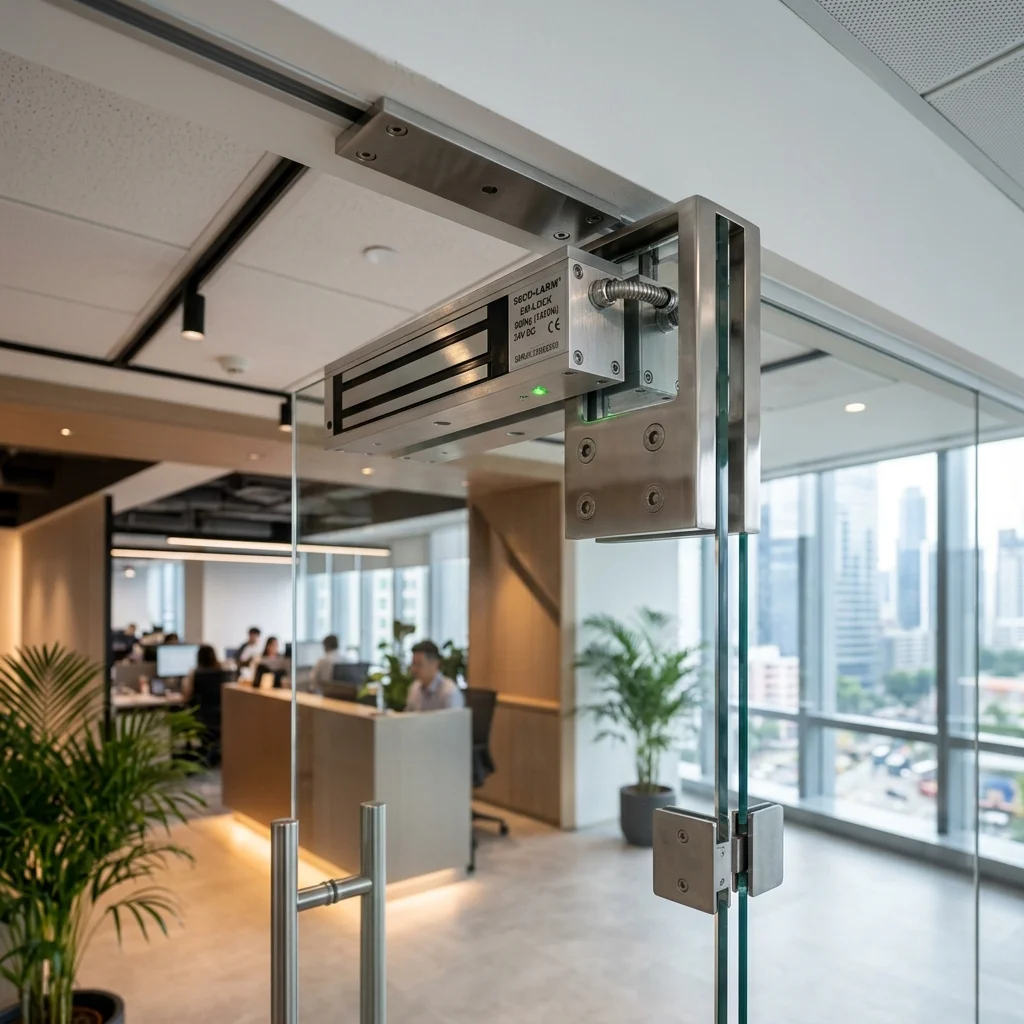 Electromagnetic EM lock mounted on top of glass door frame at Singapore office showing magnet housing