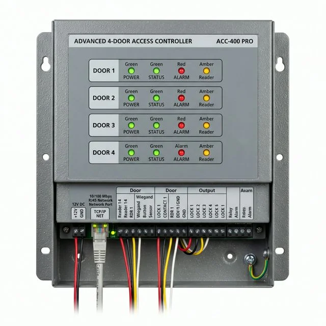 Access control controller panel showing wiring terminals and network connections in equipment cabinet