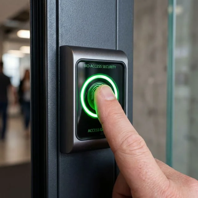 Access card reader mounted beside a glass office door in Singapore showing credential tap point