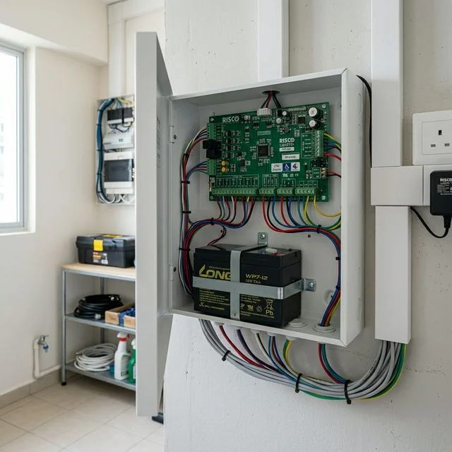 Burglar alarm control panel showing zone terminals, backup battery and communication modules