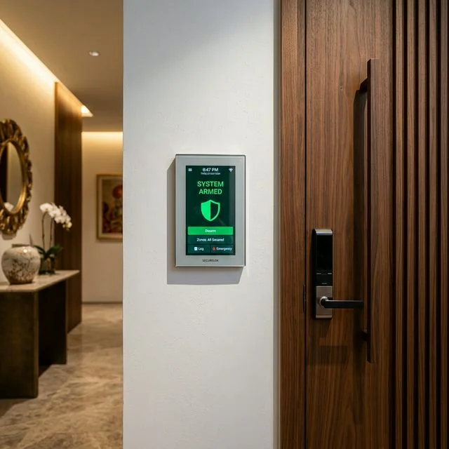 Alarm keypad showing zone status display and arming controls at a Singapore property entrance