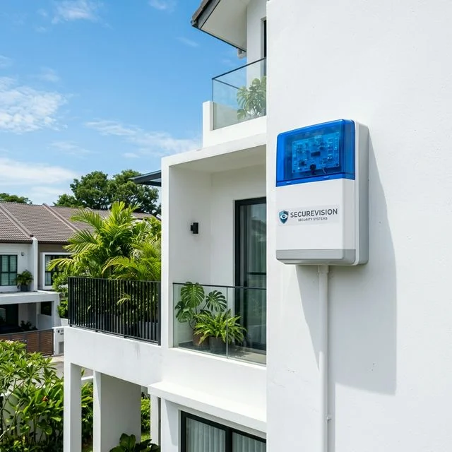 External alarm siren box and strobe light mounted on the facade of a Singapore property
