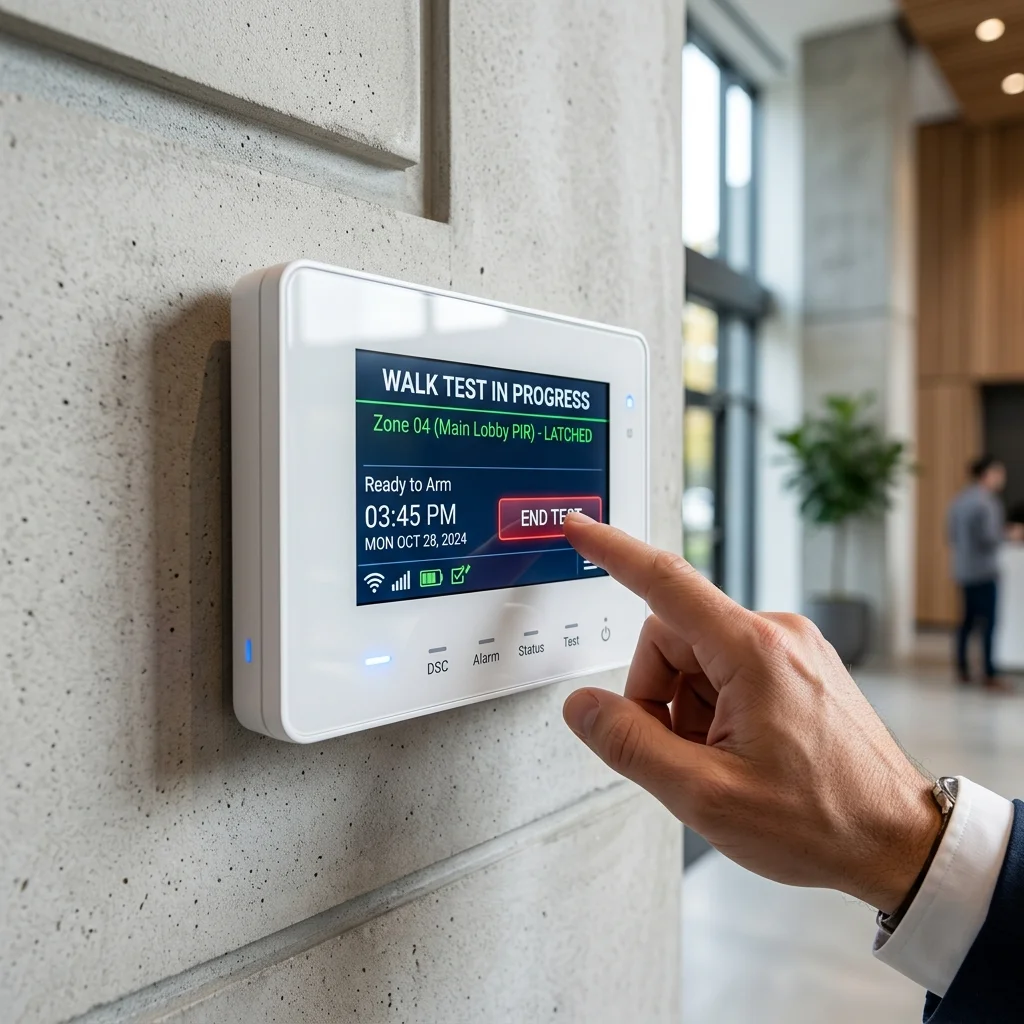 Securevision technician in white polo shirt with Securevision logo testing an alarm sensor at a Singapore property