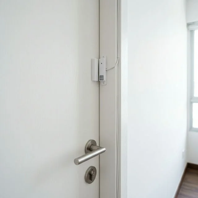 Magnetic door contact sensor installed on a door frame and door leaf at a Singapore property