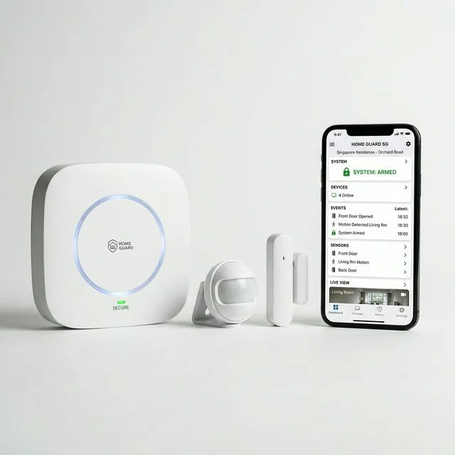 Wireless alarm hub and compact sensor set on a white surface showing modern wireless alarm components
