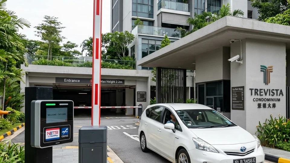 Car park barrier at a Singapore condominium entrance with boom arm in lowered position
