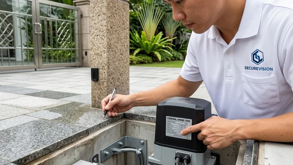 Concealed swing gate motor installed within a gate post at a Singapore landed home showing clean exterior finish