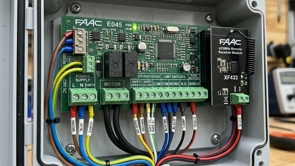 Gate motor control board showing terminals for safety sensors, remote receiver and power supply connections