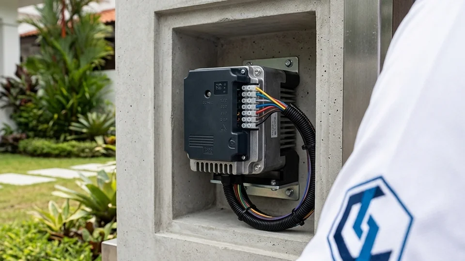Gate motor unit installed inside a gate post housing at a Singapore landed property