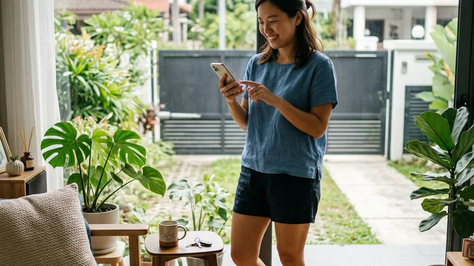 Asian homeowner using a smartphone app to open the gate remotely from inside their Singapore home