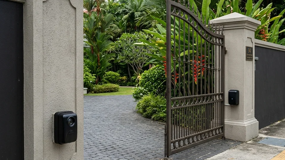 Photocell safety beam transmitter and receiver mounted on opposite gate posts at a Singapore property