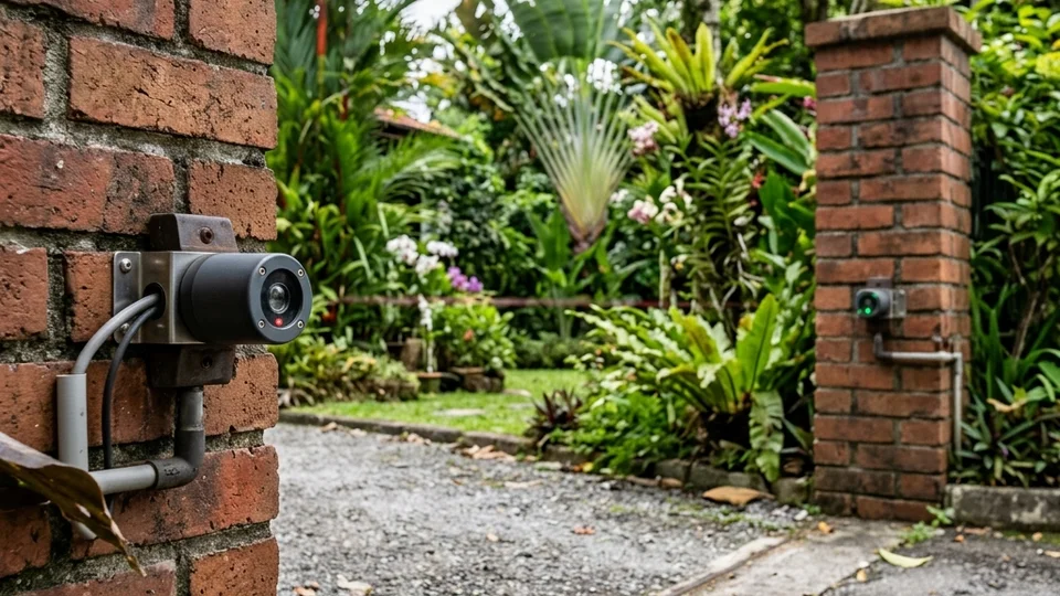 Photocell safety beam transmitter and receiver mounted on gate posts at a Singapore property
