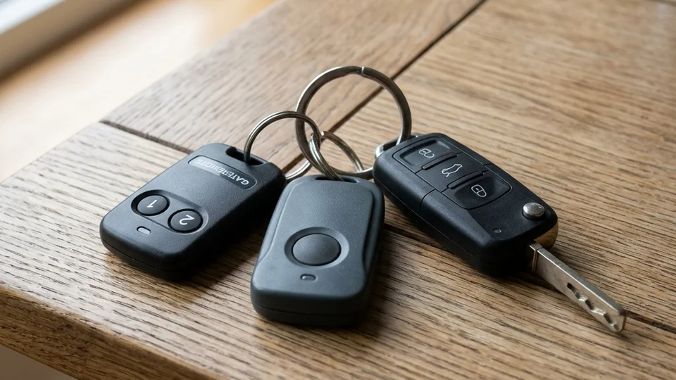 Rolling-code gate remote keyfobs on a key ring beside a car key