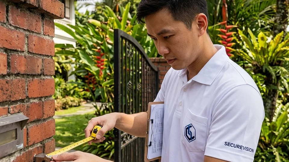 Securevision technician in white polo shirt conducting a site assessment at a Singapore landed property gate
