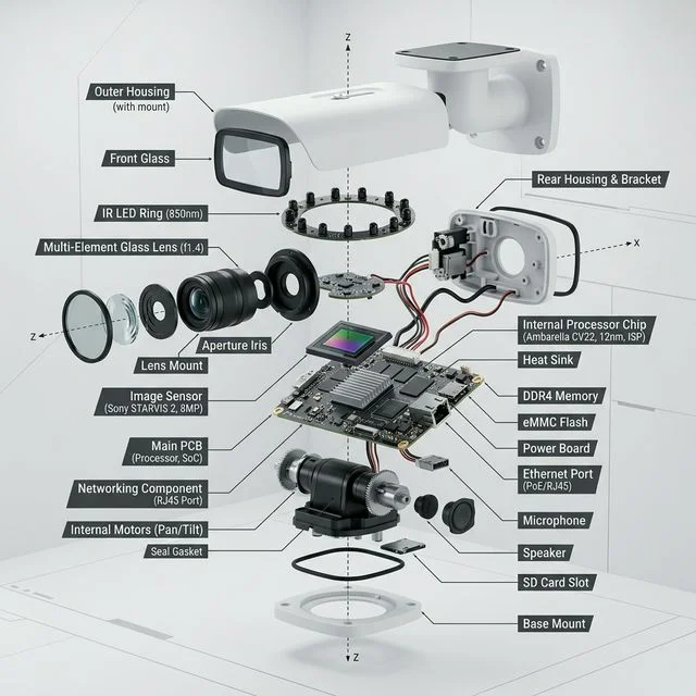 Exploded diagram of a white bullet CCTV camera showing internal components including lens, sensor and circuit board