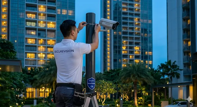 Securevision technician in white polo shirt with Securevision logo installing a CCTV camera at a Singapore high-rise property
