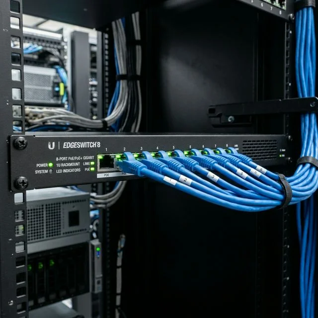 PoE network switch with connected camera cables showing power and data delivery over a single cable
