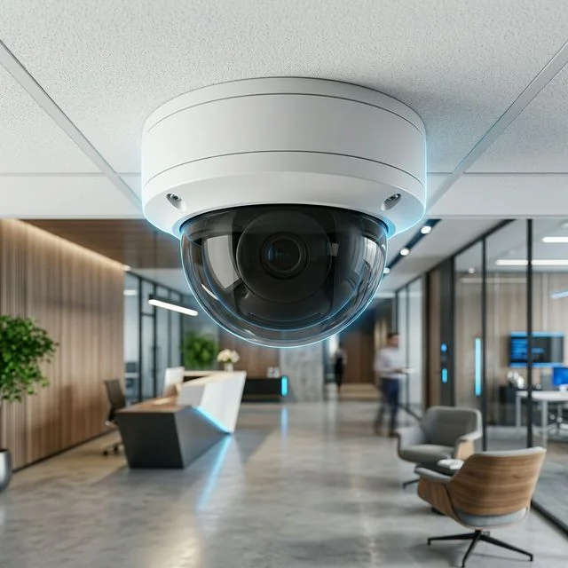 Vandal-resistant dome camera mounted on ceiling of a Singapore condominium corridor showing discreet housing