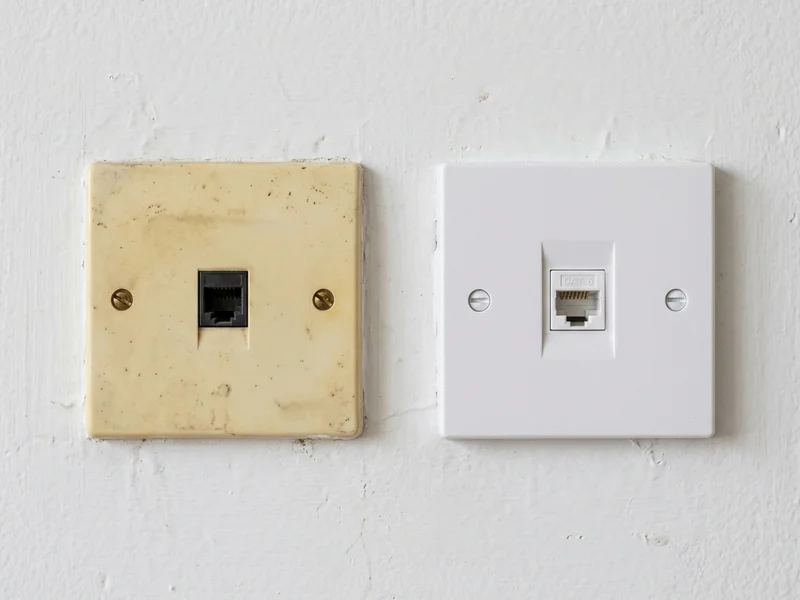 Side-by-side comparison of an old Cat 3 telephone wall plate and a modern Cat 6 keystone wall plate