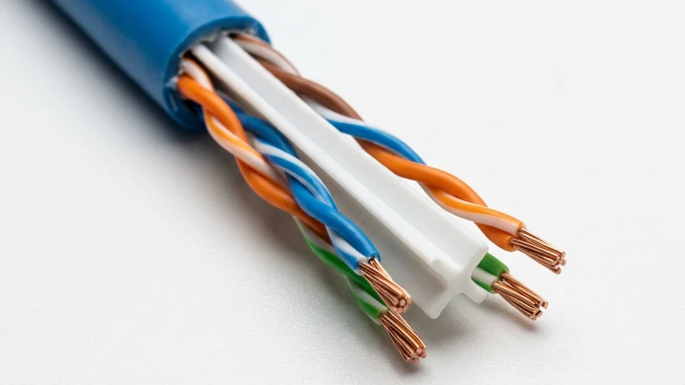 Cat 6 cable cross-section showing the central spline separator that reduces crosstalk
