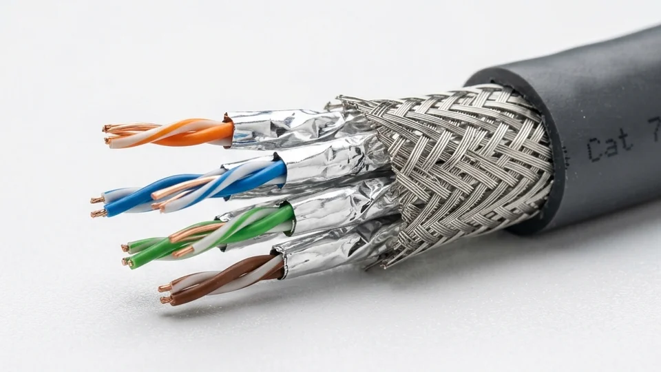 Cat 7 shielded cable showing the individual shielded pairs requiring correct grounding