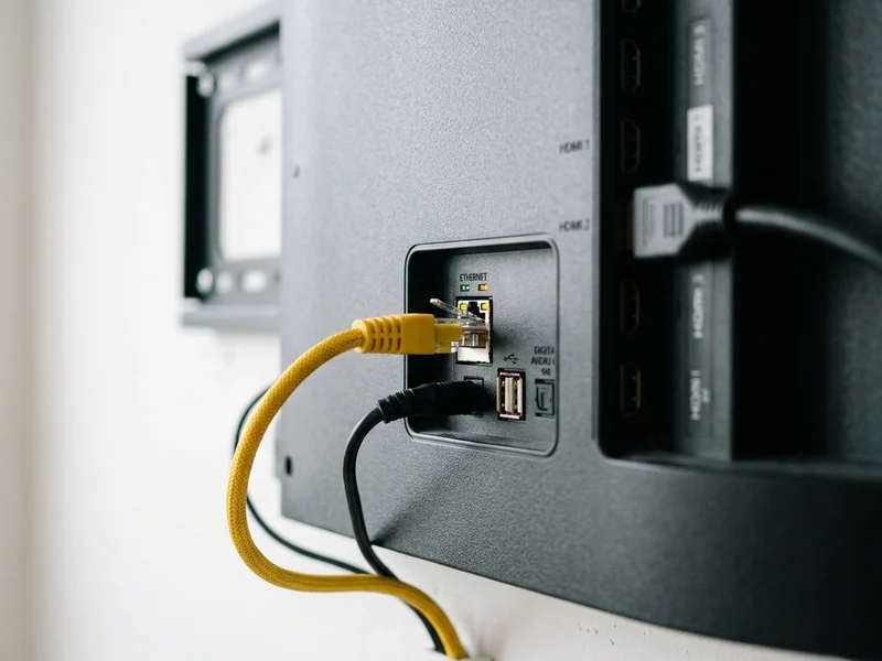 A Cat 6 Ethernet cable plugged into the network port on the back of a wall-mounted smart TV