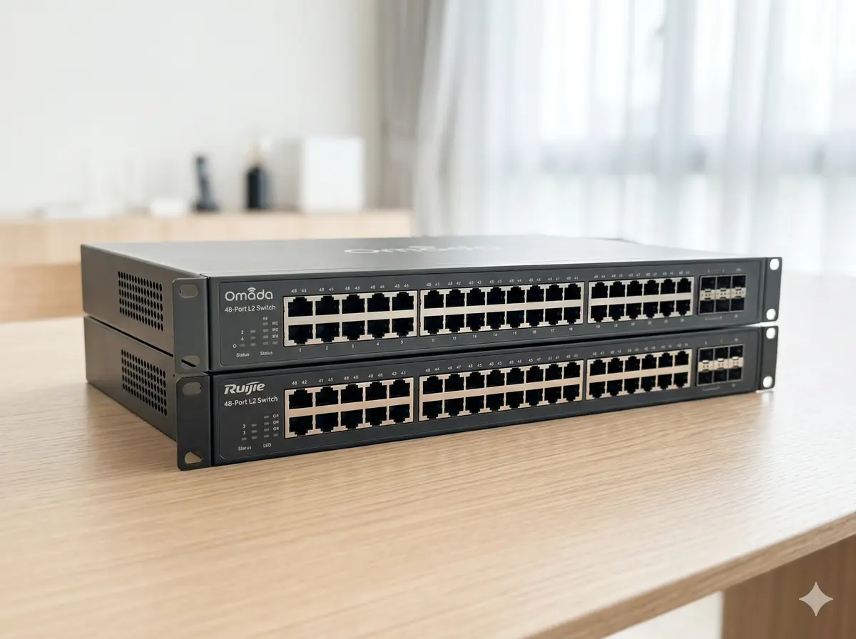 A Ruijie RG-AP series and a TP-Link Omada EAP series ceiling-mounted access point side by side
