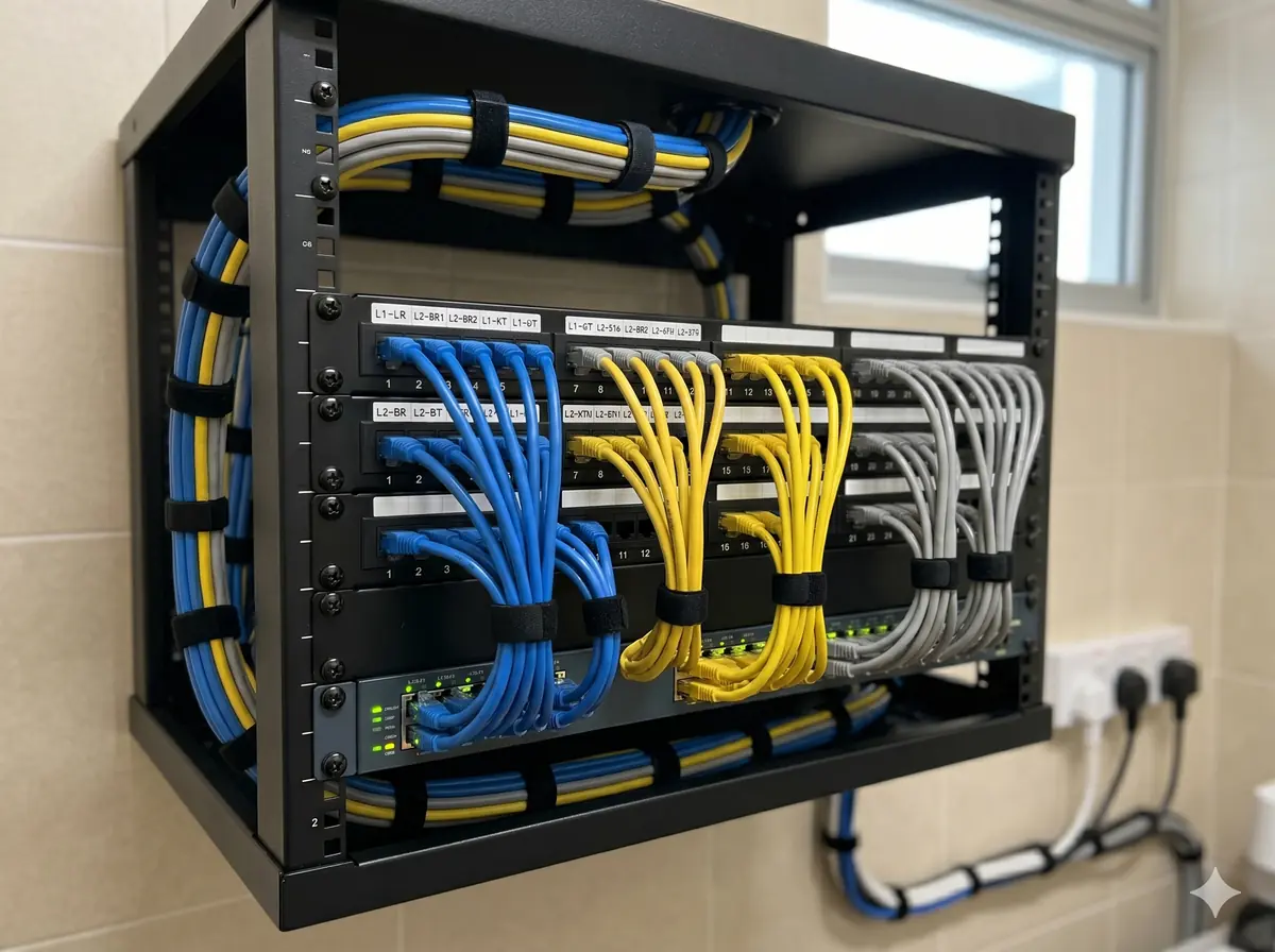 A neatly terminated and labelled patch panel in a small wall-mounted rack with colour-coded Cat 6 cables