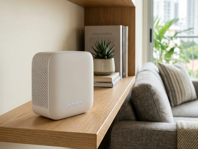 A modern Wi-Fi 6 mesh router on a home shelf showing the current mainstream standard